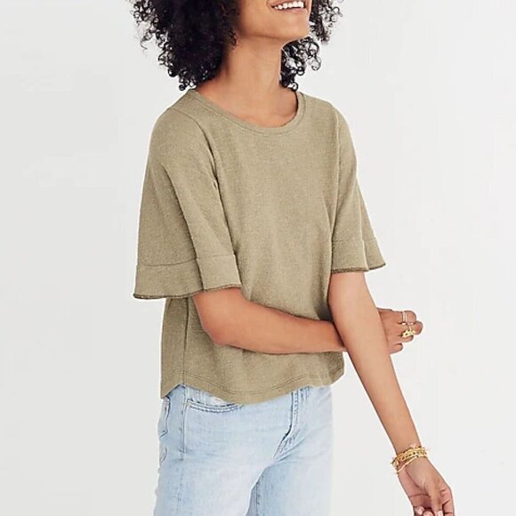 Madewell Texture & Thread Flutter Sleeve Top Distant Olive Green - Picture 1 of 9